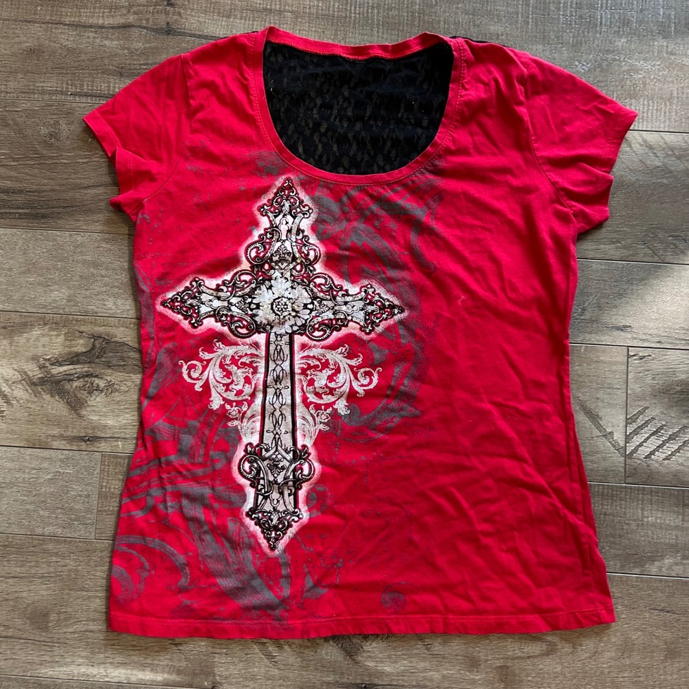 Y2K Grunge Graphic Cross Red Lace Back Short Sleeve Top Gothic Floral Print Tee